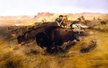 Indios americanos Painting - La caza del búfalo 1895 Charles Marion Russell Los indios americanos